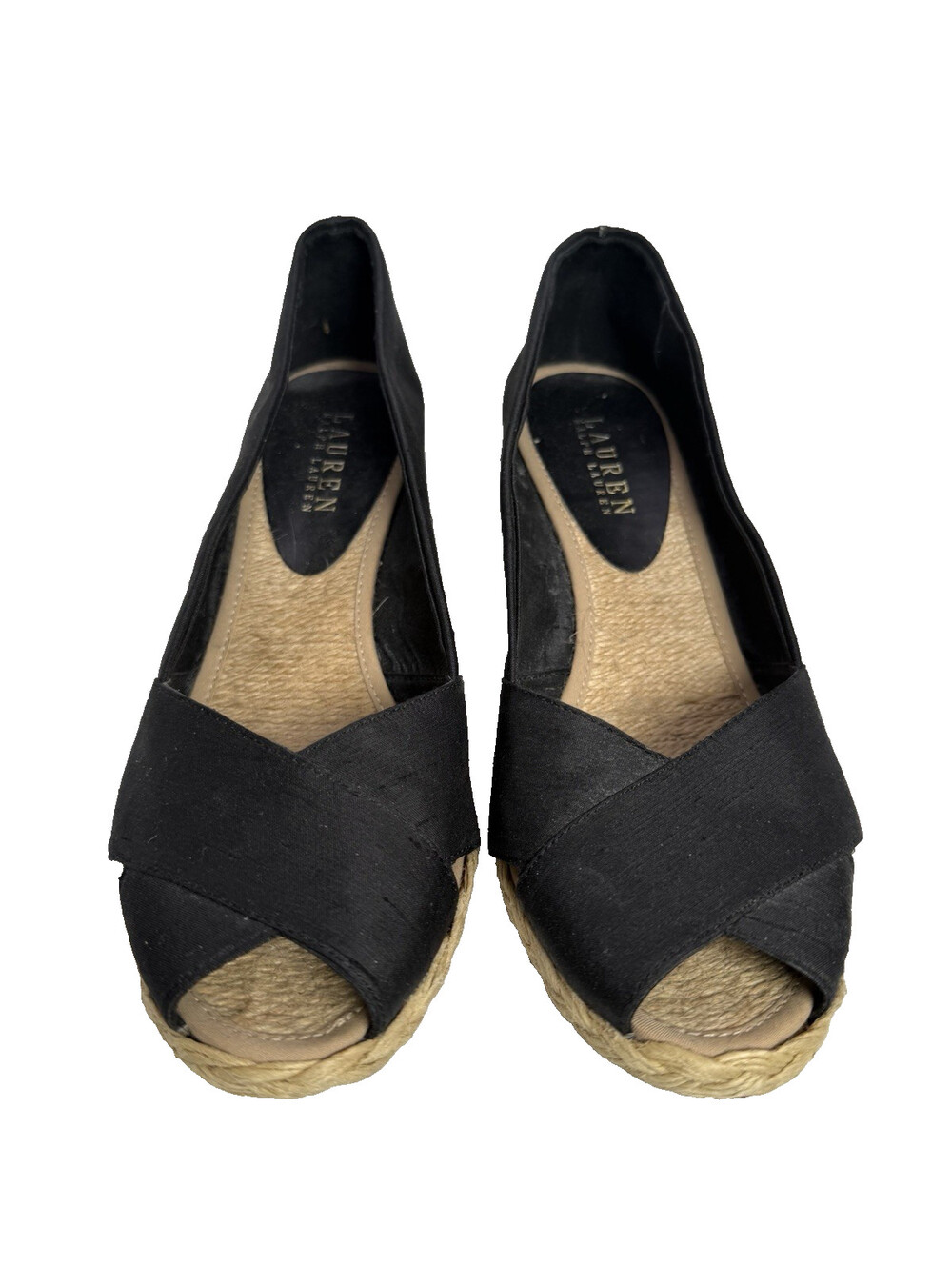 Ralph Lauren Shantung Silk Black Jute Braided Wedge Shoes Sandals 8.5